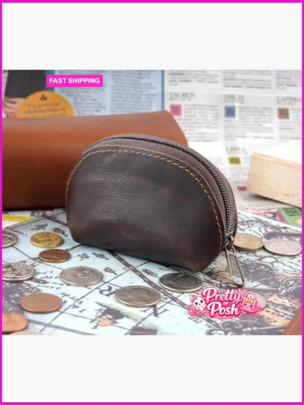Genuine Leather Squeeze Coin Purse, Moon Pocket Design, Compact Wallet
